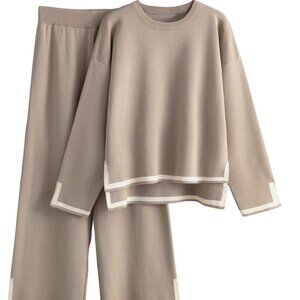 Women's Khaki Long Sleeve Knit Sweater Top & Wide Leg Pants Lounge Set